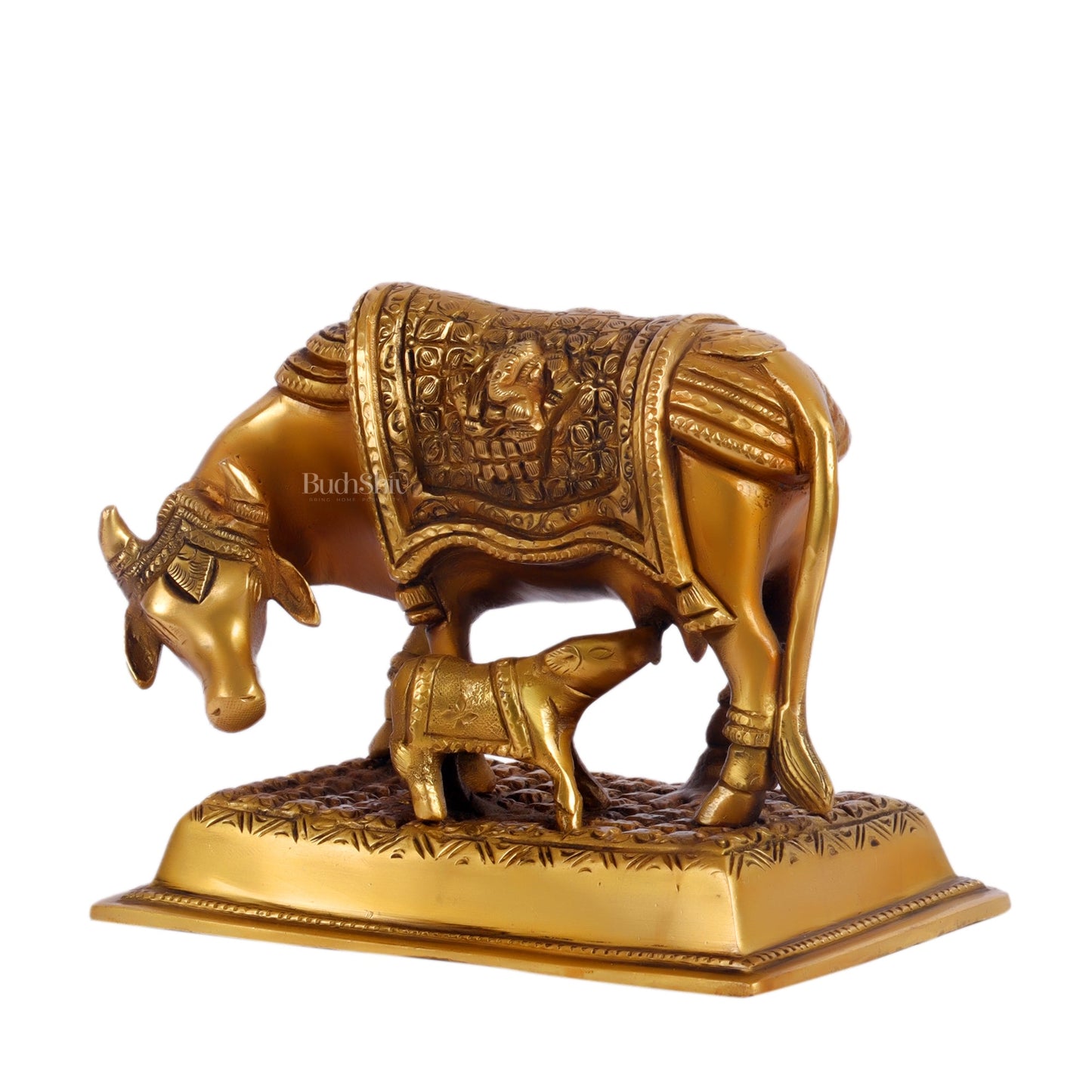 Brass Cow and Calf Kamdhenu Statue with Ganesha and Lakshmi engraved - Budhshiv.com