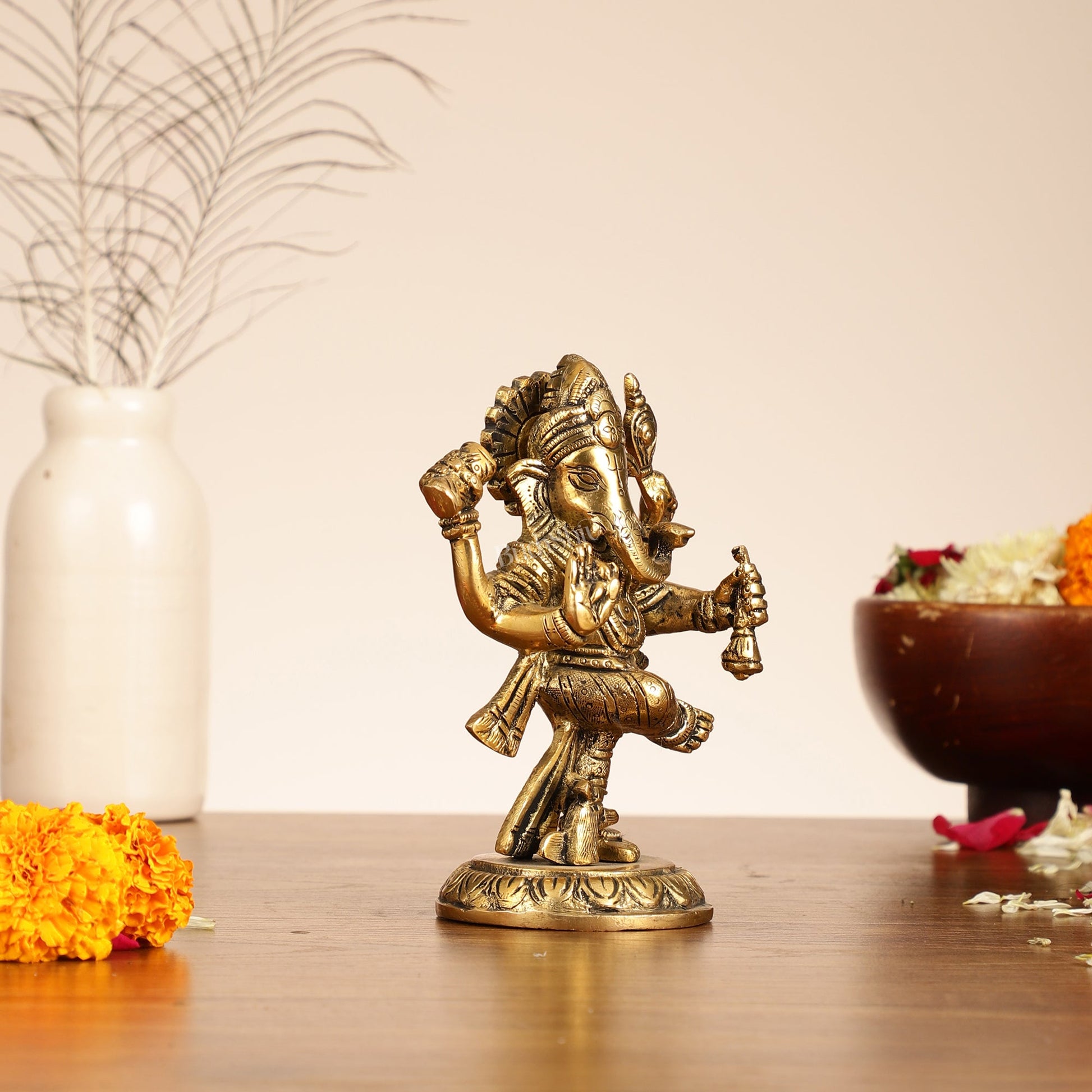 Brass Dancing Ganesha Idol | 6" Height | Artistic Elegance - Budhshiv.com