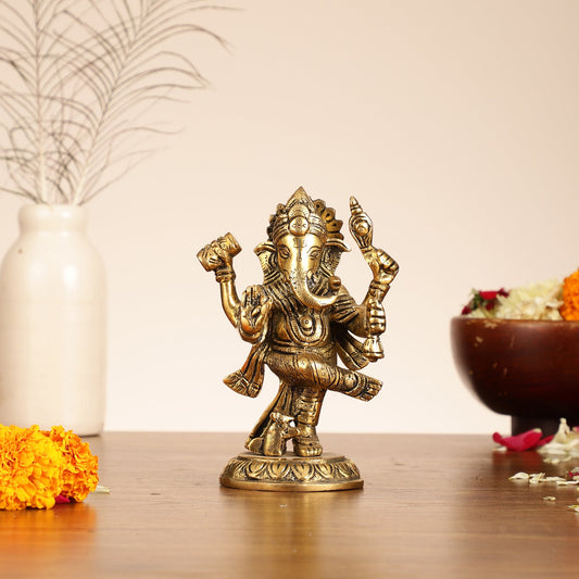 Brass Dancing Ganesha Idol | 6" Height | Artistic Elegance - Budhshiv.com