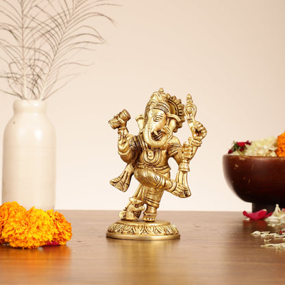 Brass Dancing Ganesha Idol | 6" Height | Artistic Elegance - Budhshiv.com