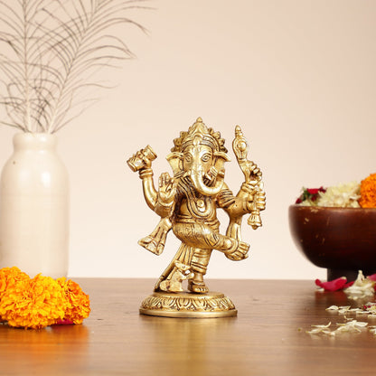 Brass Dancing Ganesha Idol | 6" Height | Artistic Elegance - Budhshiv.com