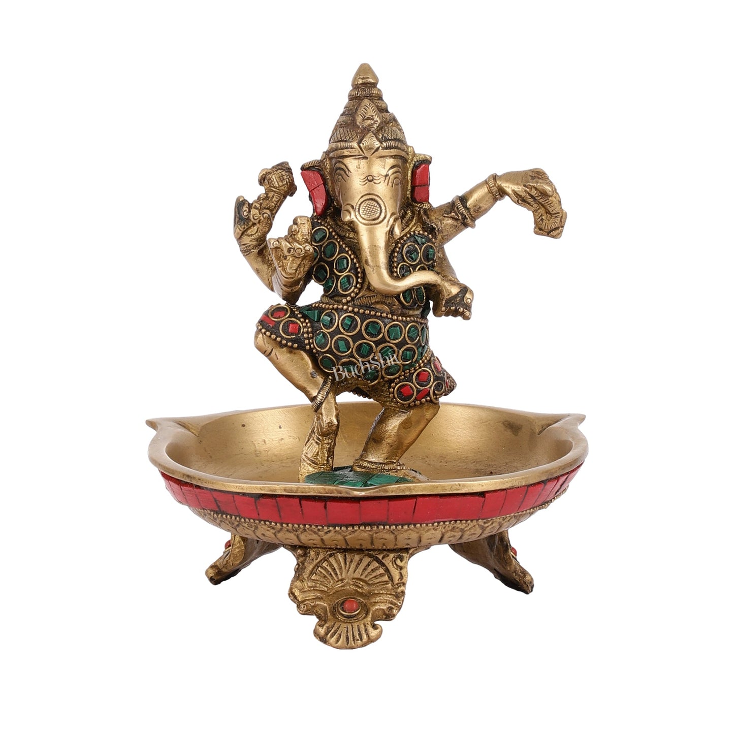 Brass Dancing Ganesha Lamp with Stonework - 7 Inch - Budhshiv.com