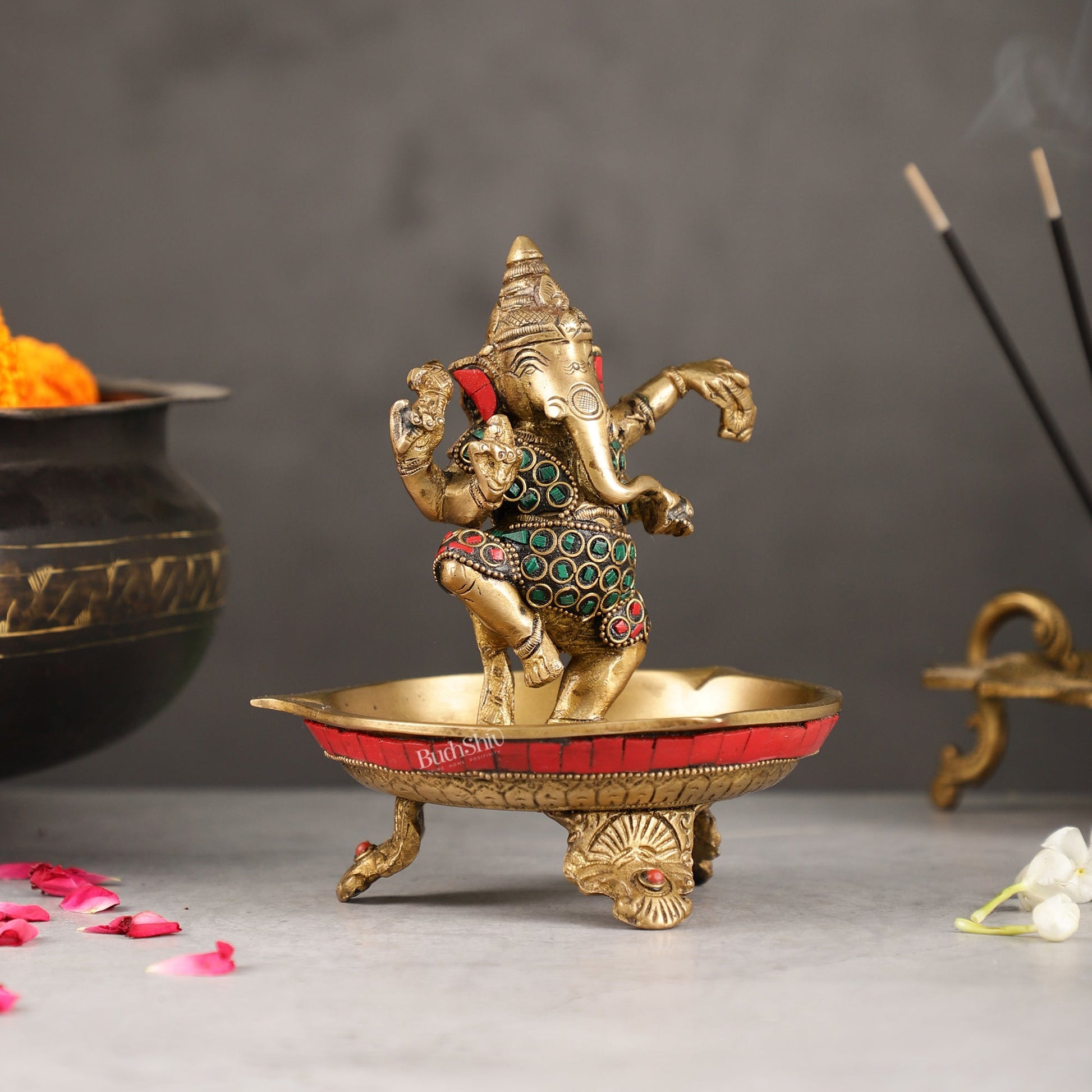 Brass Dancing Ganesha Lamp with Stonework - 7 Inch - Budhshiv.com