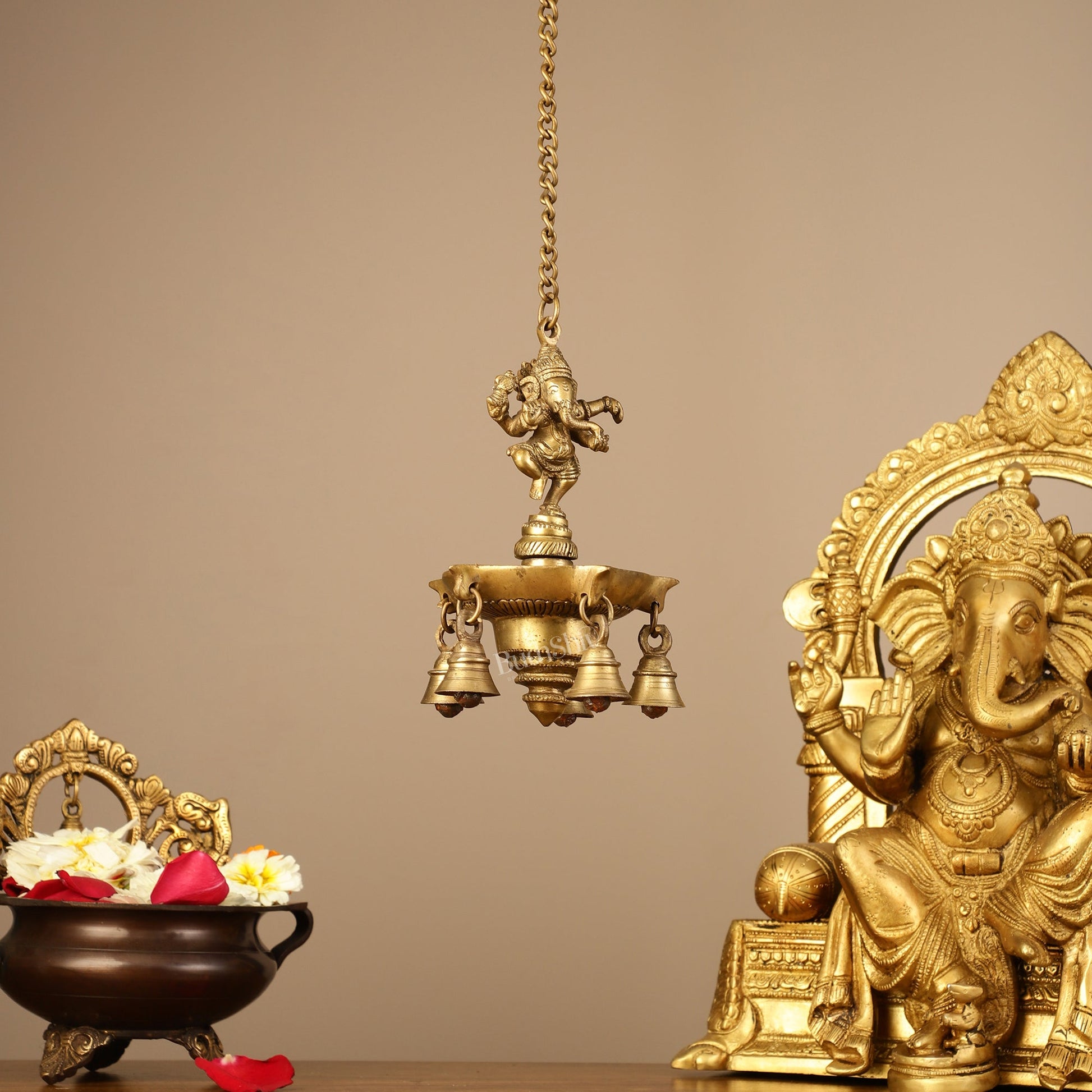 Brass Dancing Ganesha Oil Lamp Vilakku 6 inch lamp - Budhshiv.com