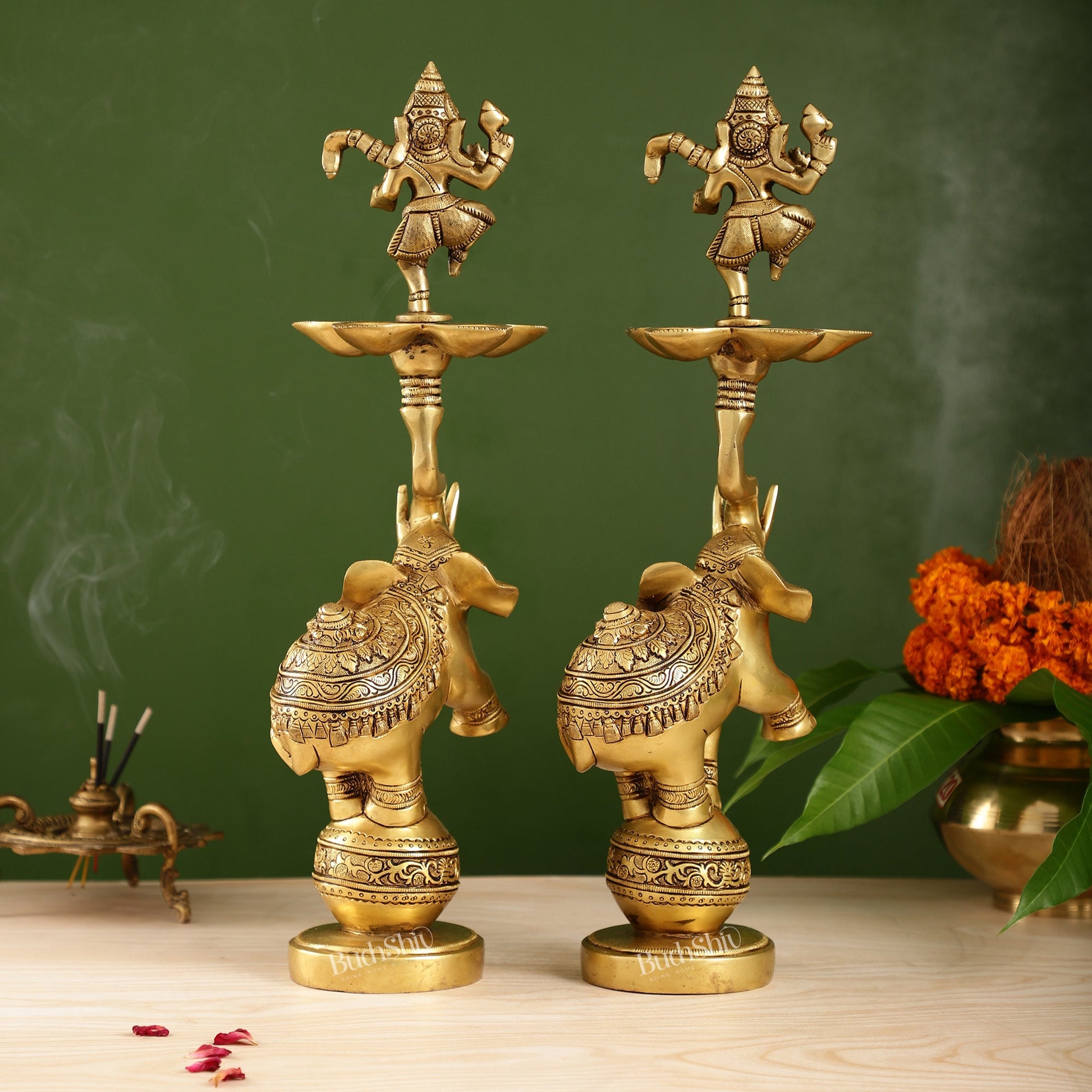 Brass Dancing Ganesha on Jumping Elephant Lamp - 16" - Budhshiv.com