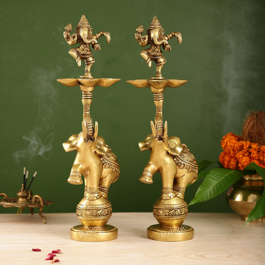 Brass Dancing Ganesha on Jumping Elephant Lamp - 16" - Budhshiv.com