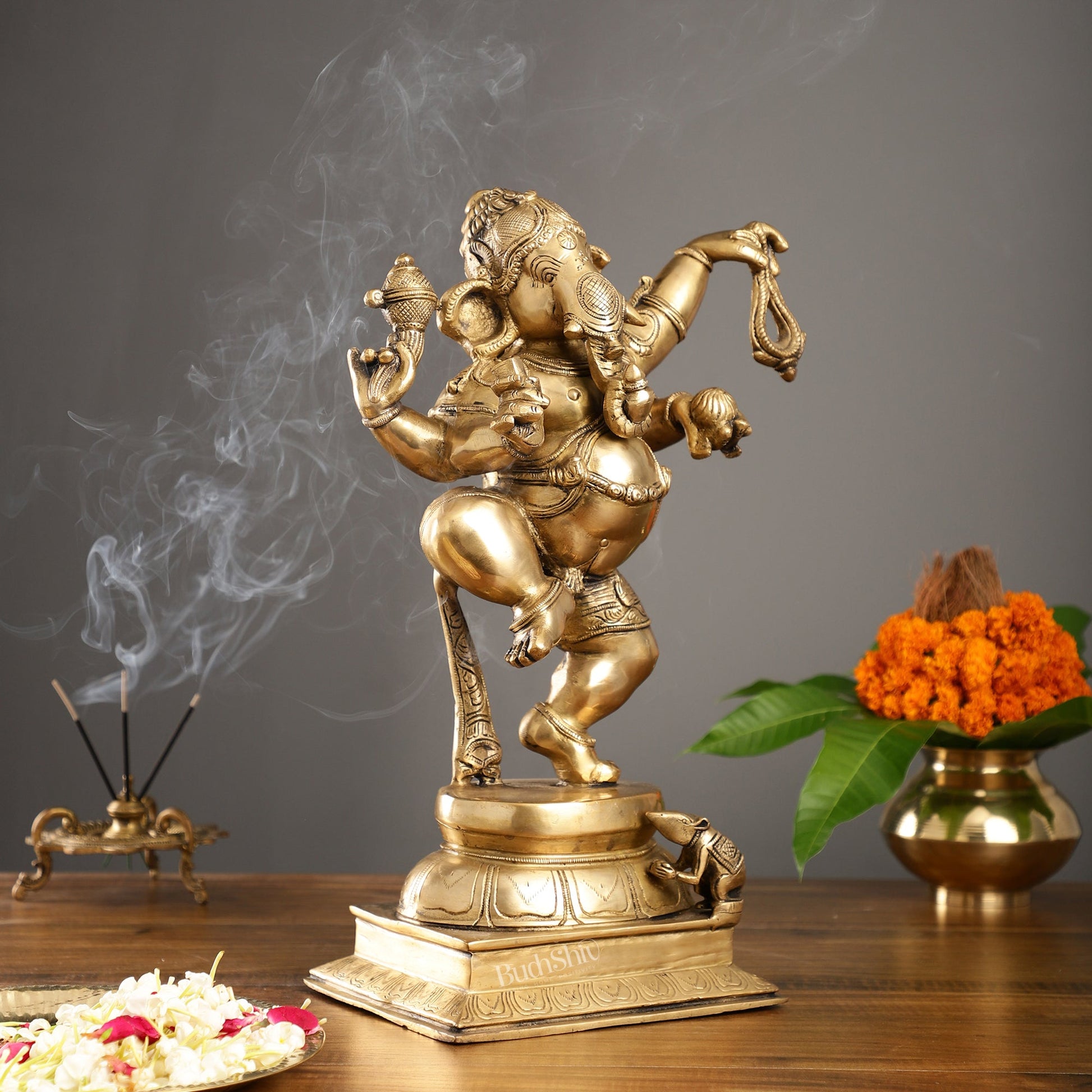 Brass Dancing Ganesha Statue - 17 inch height antique finish - Budhshiv.com