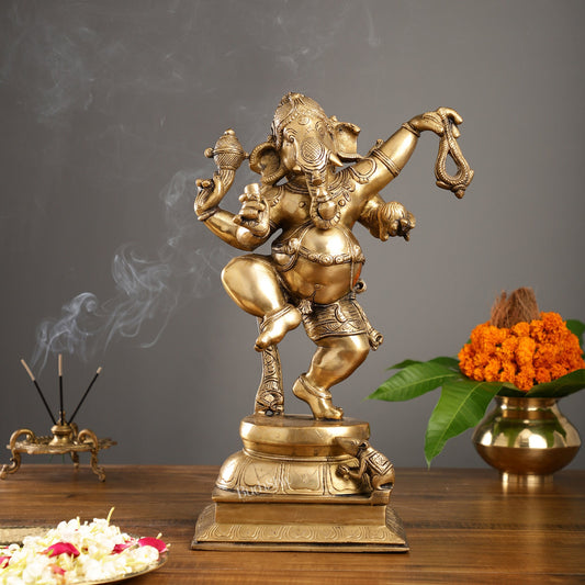 Brass Dancing Ganesha Statue - 17 inch height antique finish - Budhshiv.com