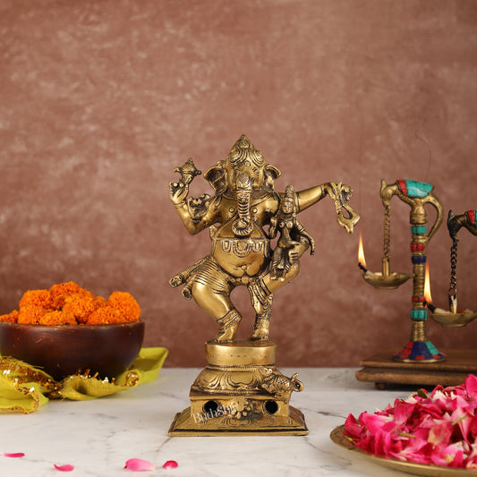 Brass Dancing Ganesha with Siddhi Idol | 10.5" Height | Divine Harmony - Budhshiv.com