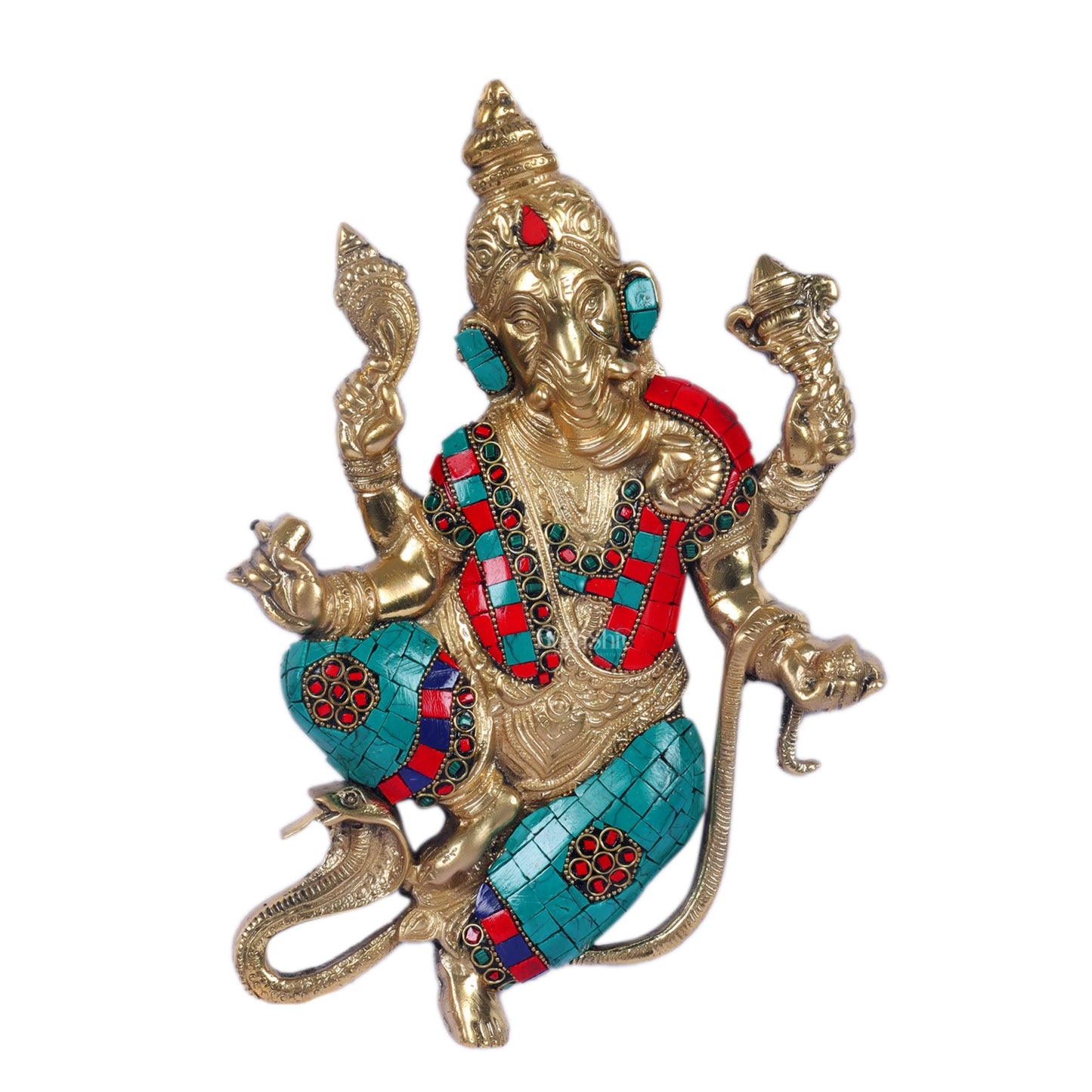 Brass Dancing Ganesha with Snake Wall Hanging Stonework 10" - Budhshiv.com