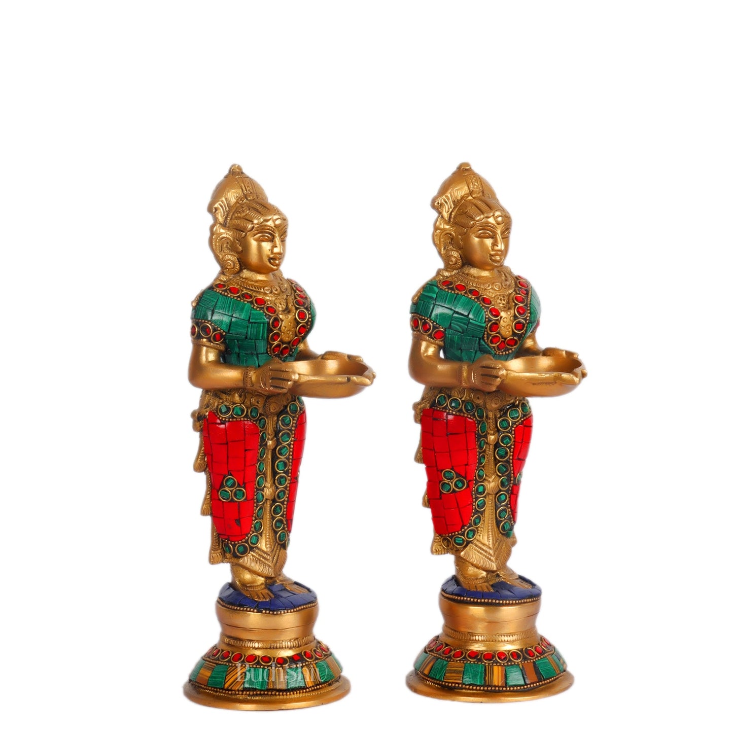 Brass Deep lakshmi/ Brass Deep Lady/ Brass Pavaai vilakku 9" Stonework - Budhshiv.com