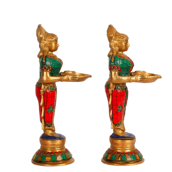 Brass Deep lakshmi/ Brass Deep Lady/ Brass Pavaai vilakku 9" Stonework - Budhshiv.com