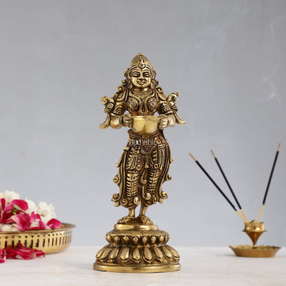Brass Deep Lakshmi Pavaai Vilakku - 9 x 3.5 x 4.5 inch - Budhshiv.com