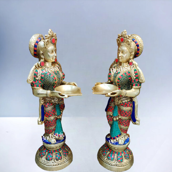 Brass Deep Lakshmi Pavaai Villaku with Stonework - 2 feet 23 inches | Traditional Handcrafted Lamp - Budhshiv.com