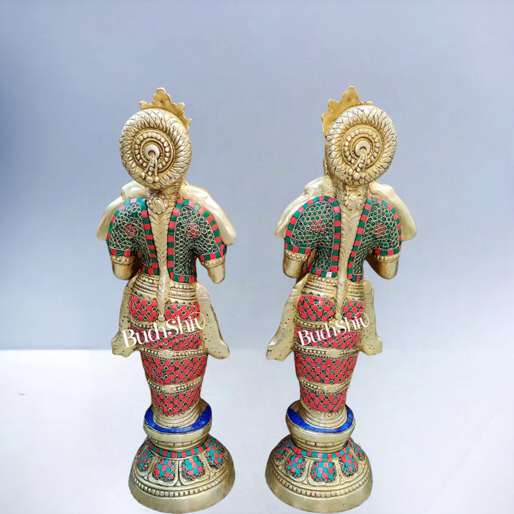 Brass Deep Lakshmi Pavaai Villaku with Stonework - 2 feet 23 inches | Traditional Handcrafted Lamp - Budhshiv.com