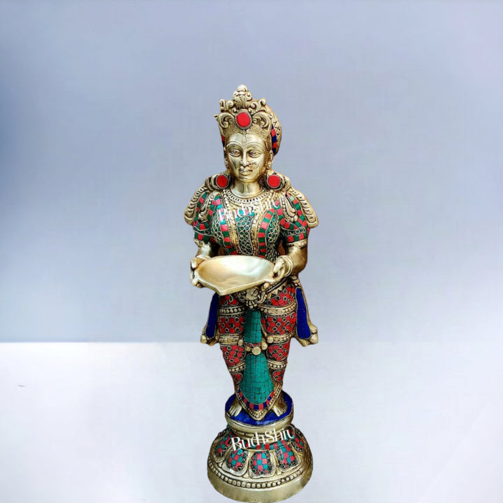 Brass Deep Lakshmi Pavaai Villaku with Stonework - 2 feet 23 inches | Traditional Handcrafted Lamp - Budhshiv.com