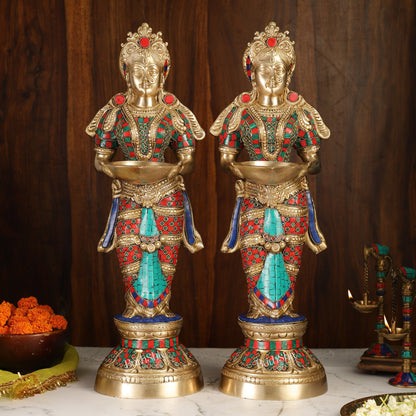 Brass Deep Lakshmi Pavaai Villaku with Stonework - 2 feet 23 inches | Traditional Shine Gold - Budhshiv.com