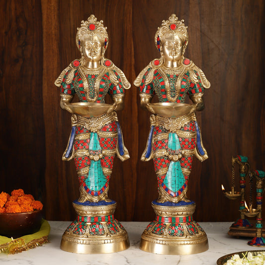 Brass Deep Lakshmi Pavaai Villaku with Stonework - 2 feet 23 inches | Traditional Shine Gold - Budhshiv.com