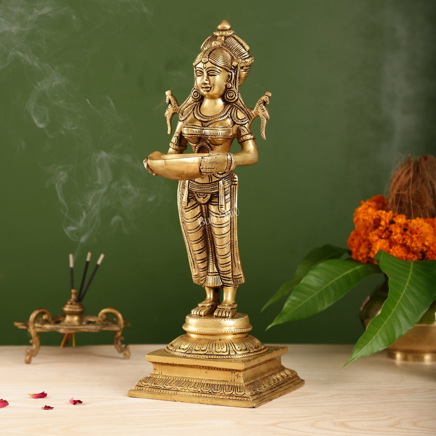 Brass Deep Lakshmi Statue with Diyas | Handcrafted Lady Statue 14" - Budhshiv.com