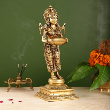 Brass Deep Lakshmi Statue with Diyas | Handcrafted Lady Statue 14" - Budhshiv.com
