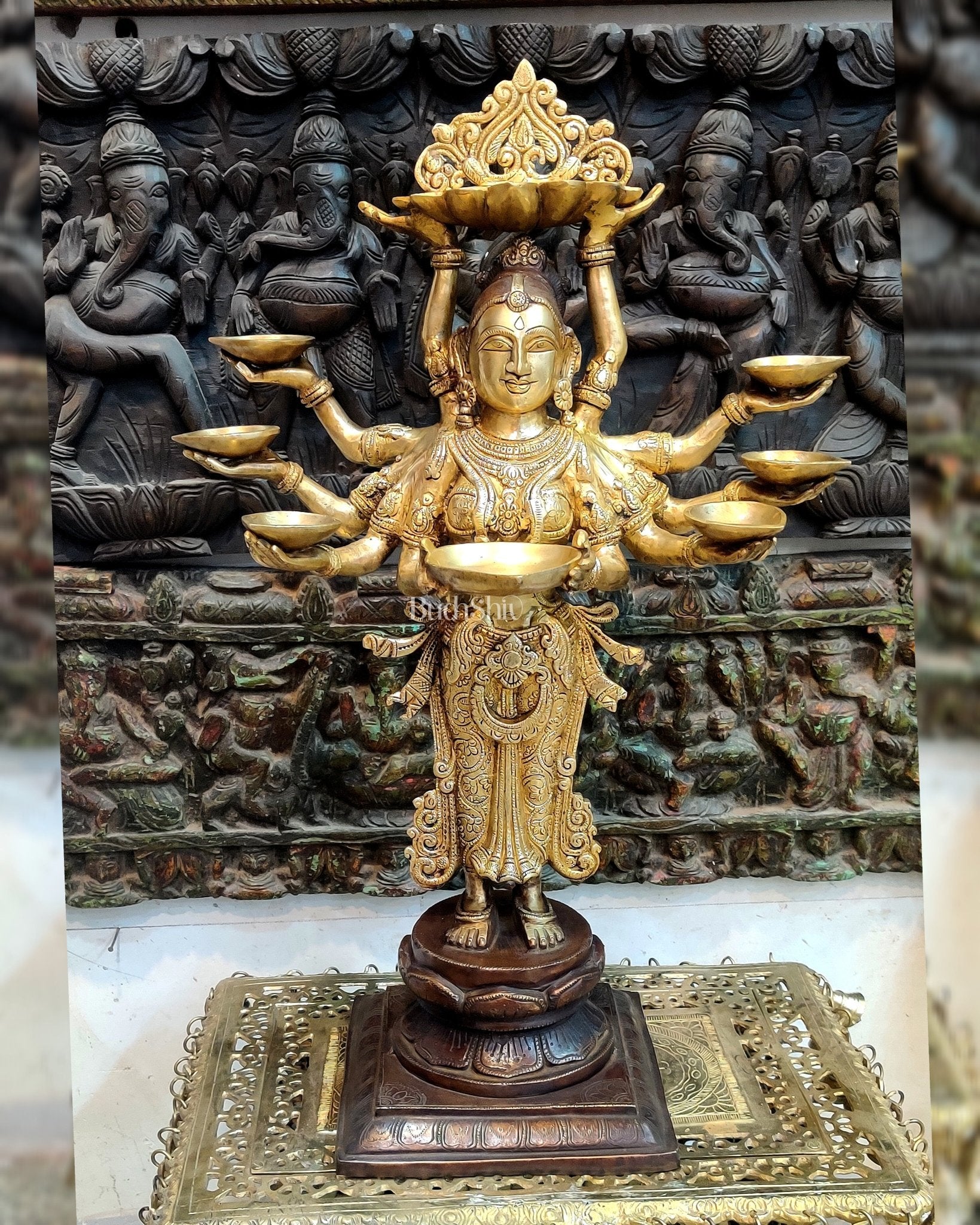 Brass Deep Lakshmi with Ten Hands - 27 inches, Dual Tone Brown and Gold | Traditional Hindu Goddess Statue - Budhshiv.com