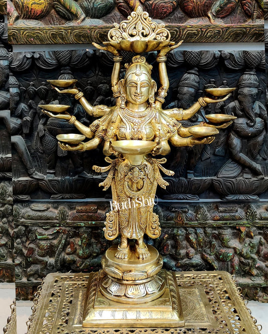 Brass Deep Lakshmi with Ten Hands - 27 inches | Traditional Hindu Goddess Statue - Budhshiv.com