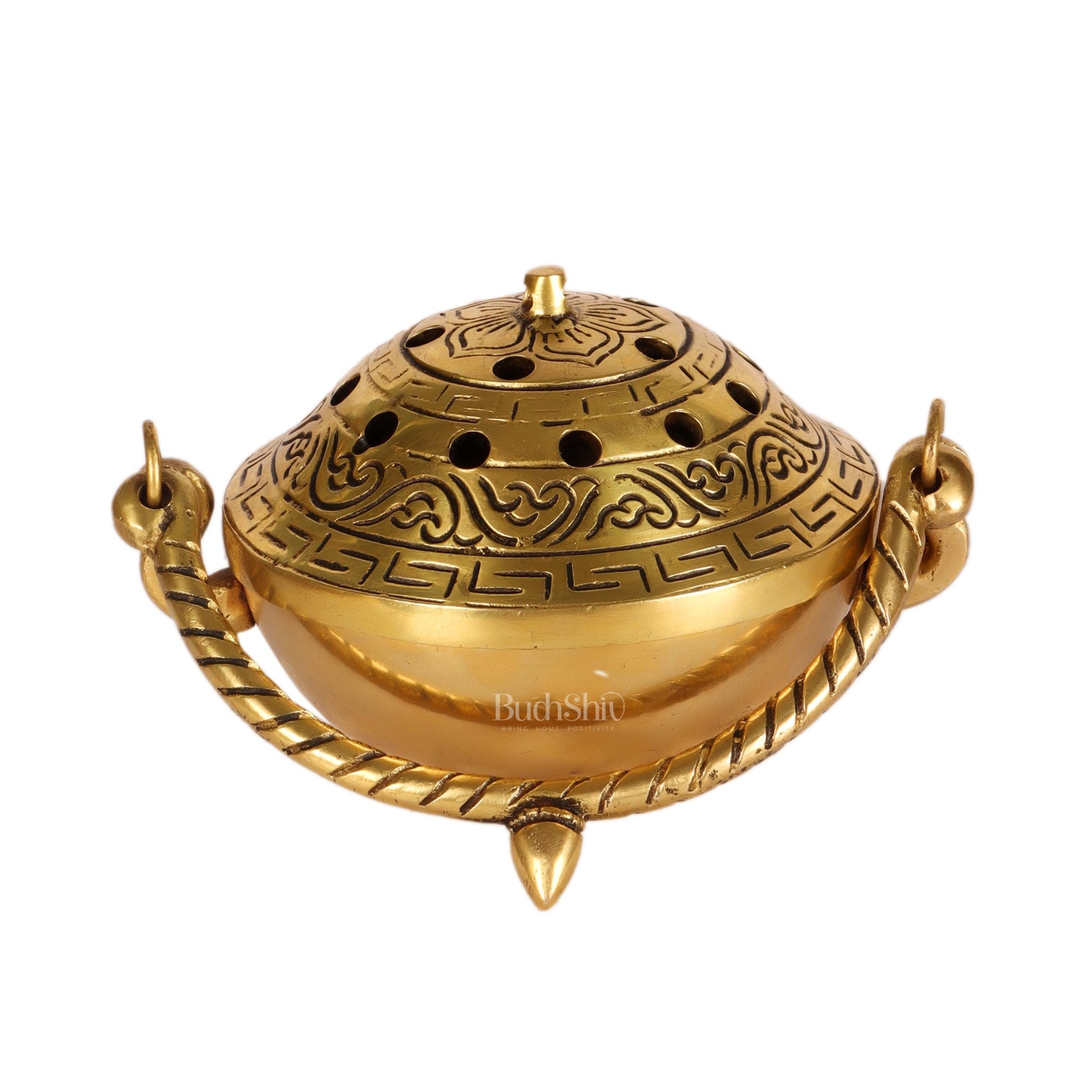 Brass Dhoop Burner with Handle and Lid - 5 inches | Traditional Incense Holder for Sacred Rituals. - Budhshiv.com