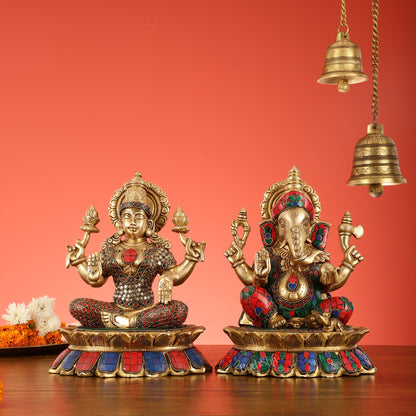 Brass Divine Pair: Ganesha and Lakshmi idols on Lotus - 11 Inch - Budhshiv.com