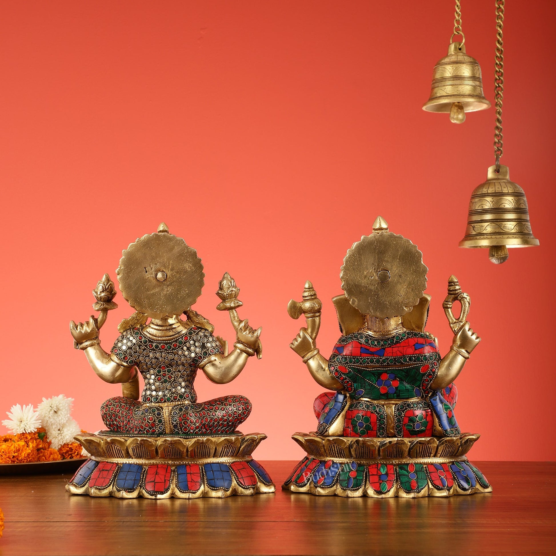 Brass Divine Pair: Ganesha and Lakshmi idols on Lotus - 11 Inch - Budhshiv.com