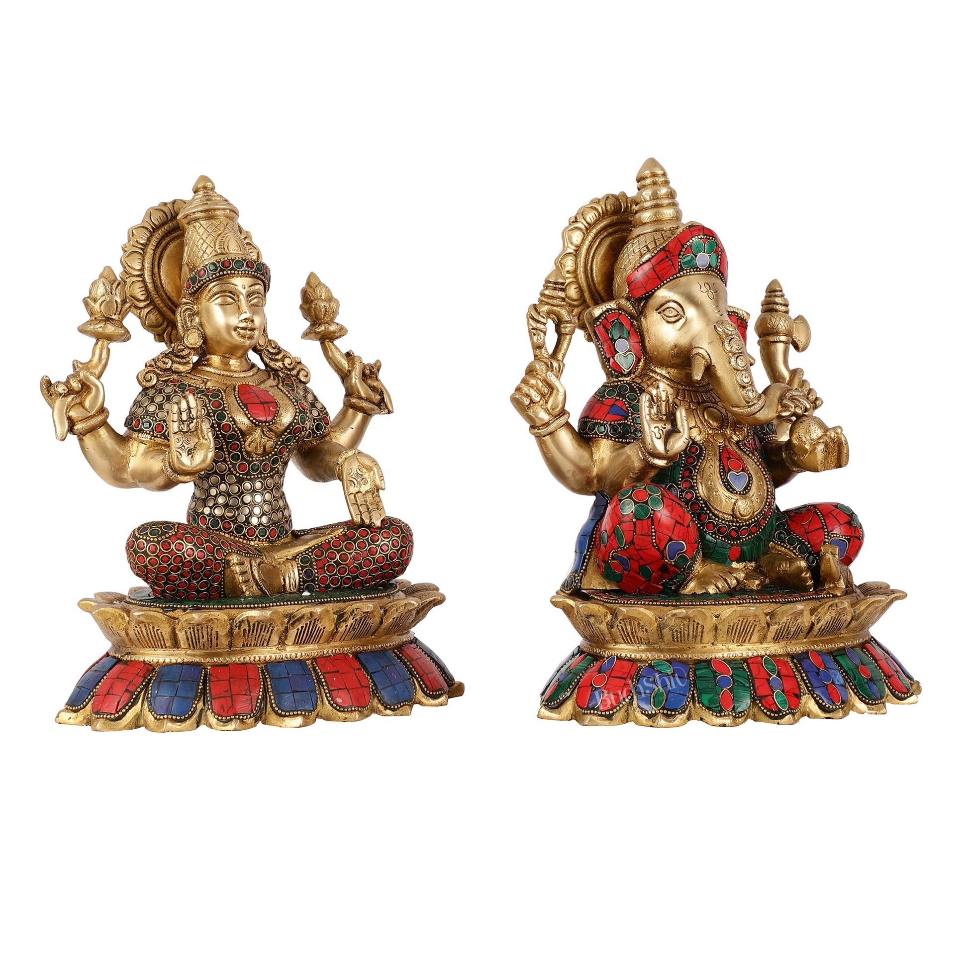 Brass Divine Pair: Ganesha and Lakshmi idols on Lotus - 11 Inch - Budhshiv.com