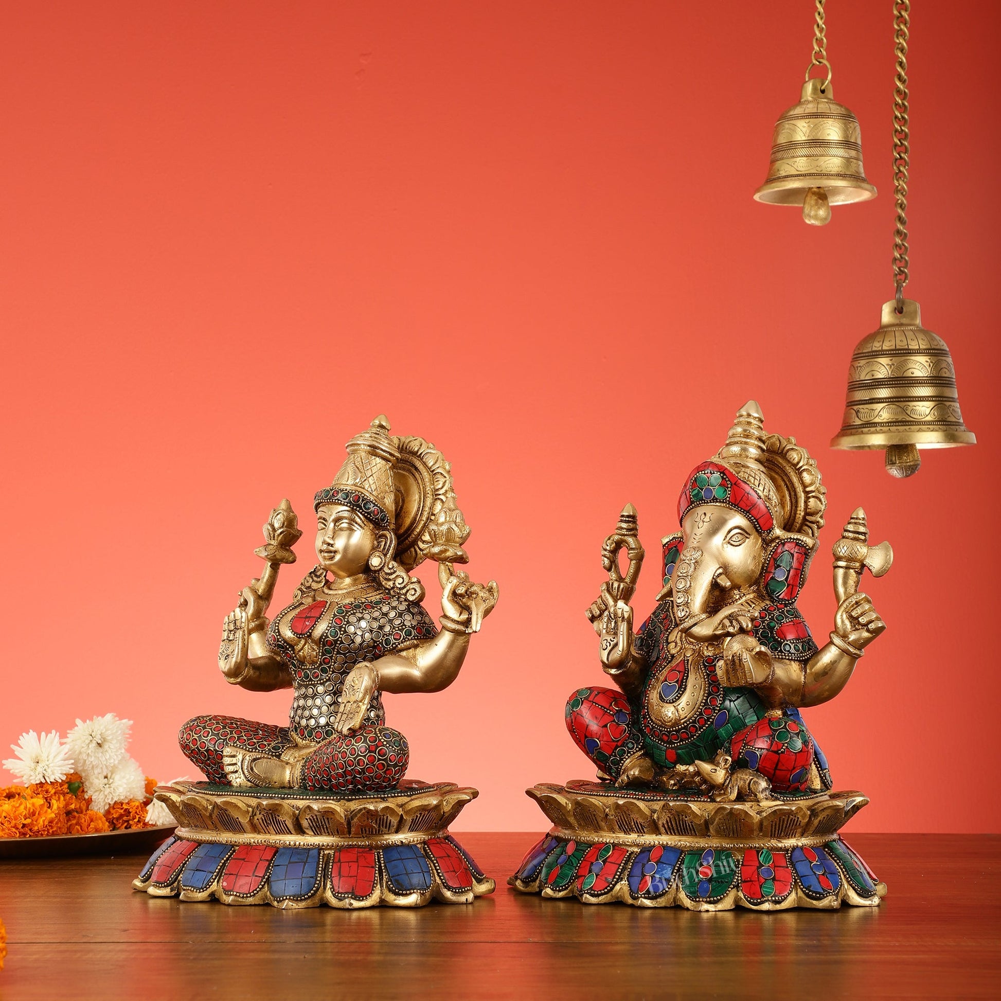 Brass Divine Pair: Ganesha and Lakshmi idols on Lotus - 11 Inch - Budhshiv.com