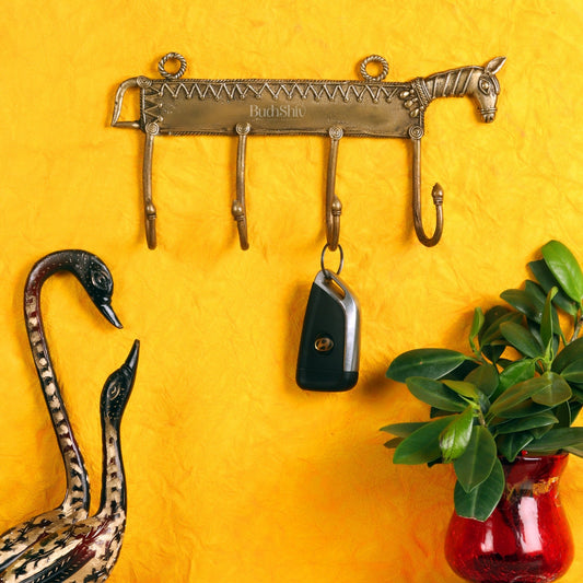 Brass Dokra horse Key Hanger | Handcrafted | 4 Hooks | - Budhshiv.com