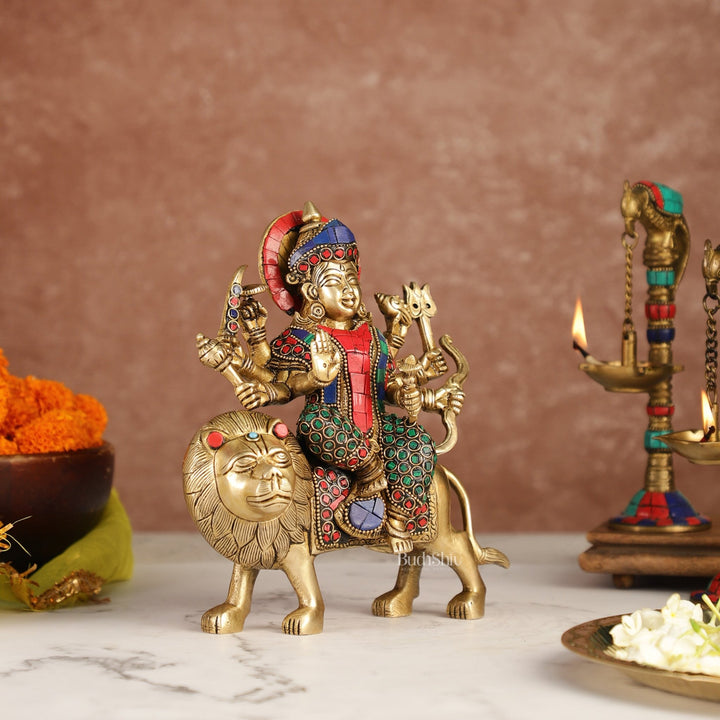 Brass Durga Superfine Statue 8" Stonework - Budhshiv.com