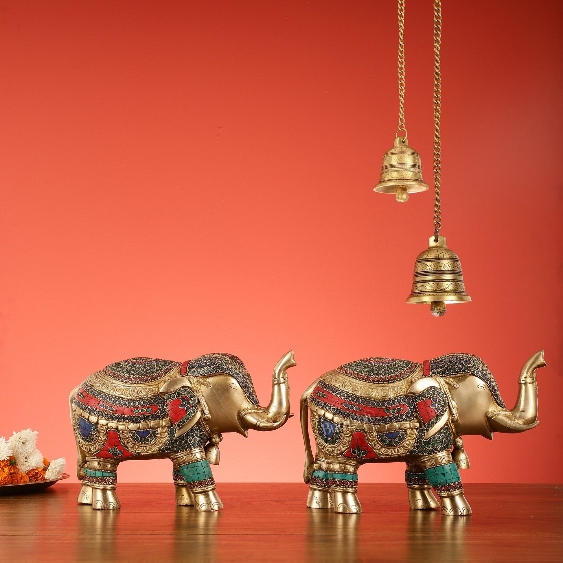Brass Elephant Statue pair with Stonework Showpieces - 12 Inch wide - Budhshiv.com