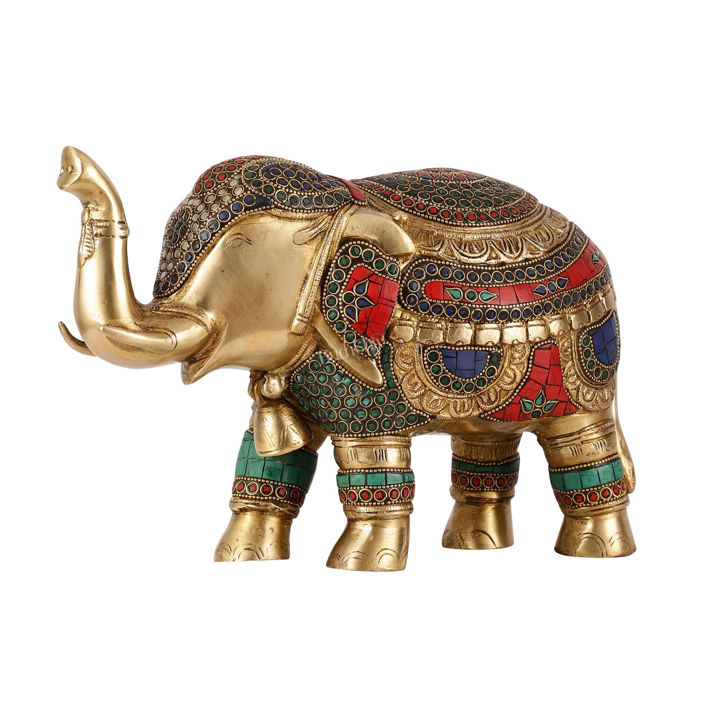 Brass Elephant Statue with Stonework Showpiece - 12 Inch wide - Budhshiv.com