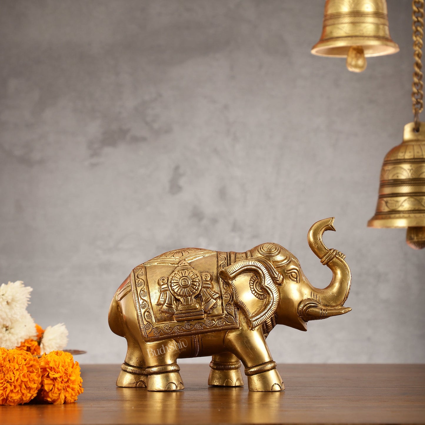 Brass Elephant Statues with Shankh and Chakra Engravings | 7.5" - Budhshiv.com