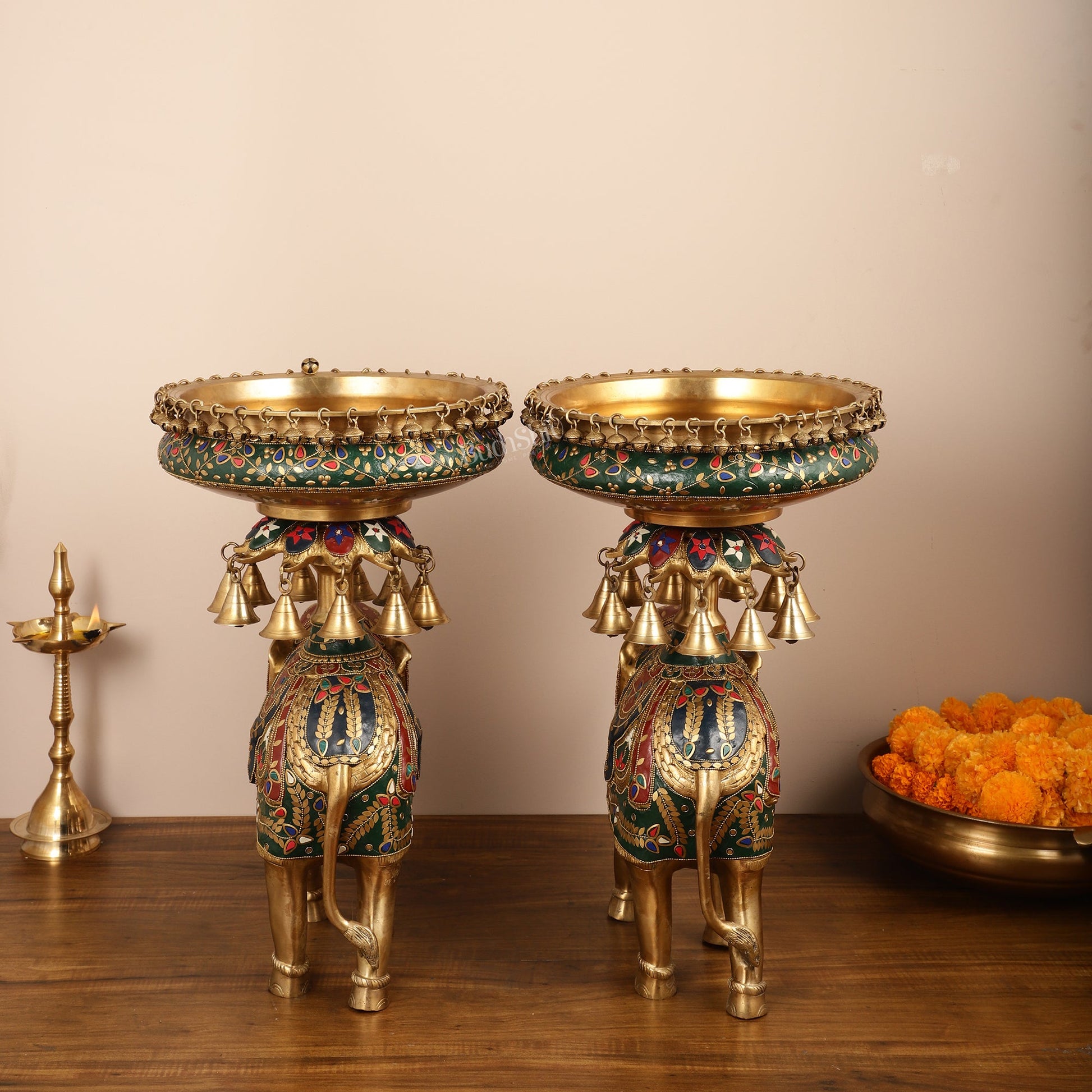 Brass elephant urli Large 21 inch pair - Budhshiv.com