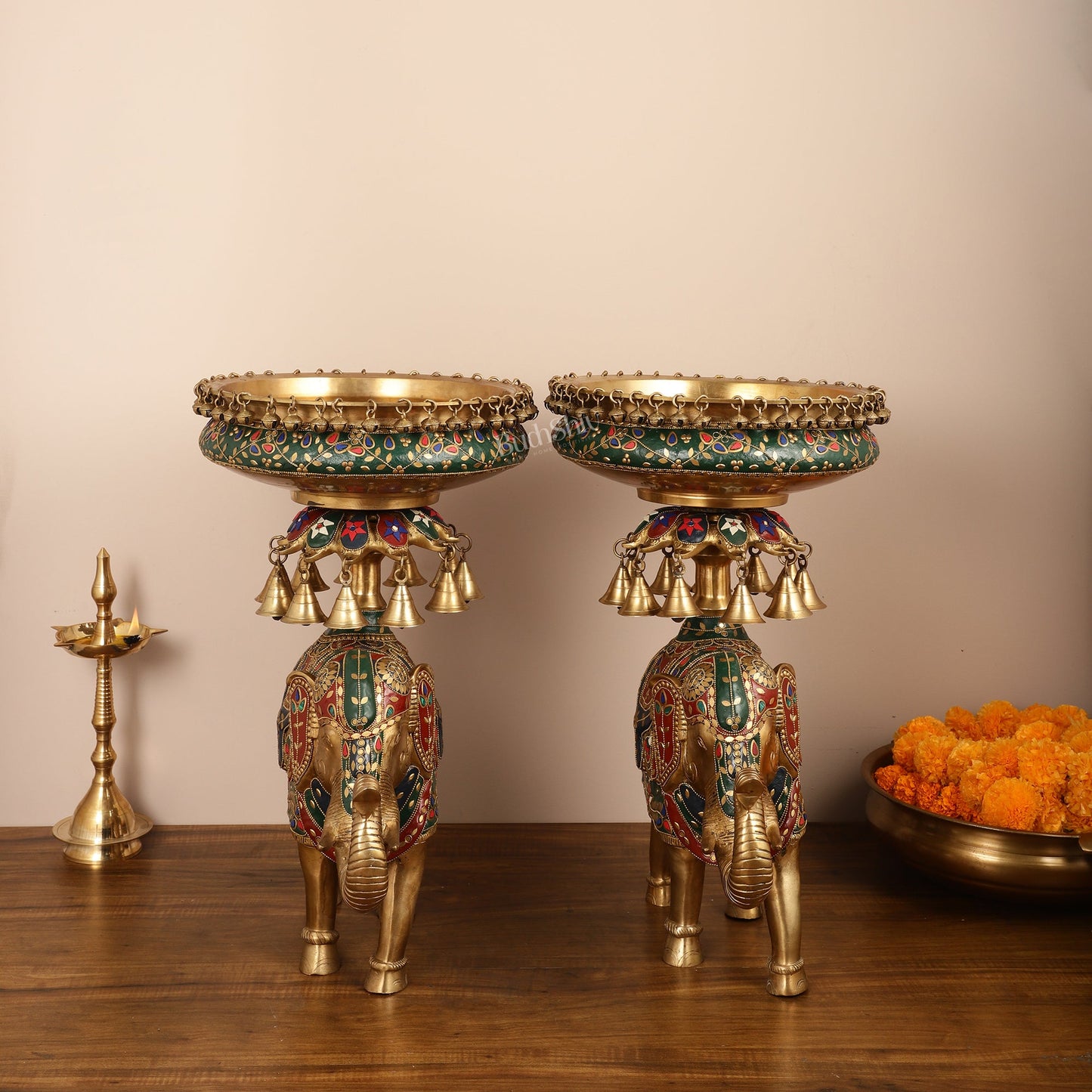 Brass elephant urli Large 21 inch pair - Budhshiv.com