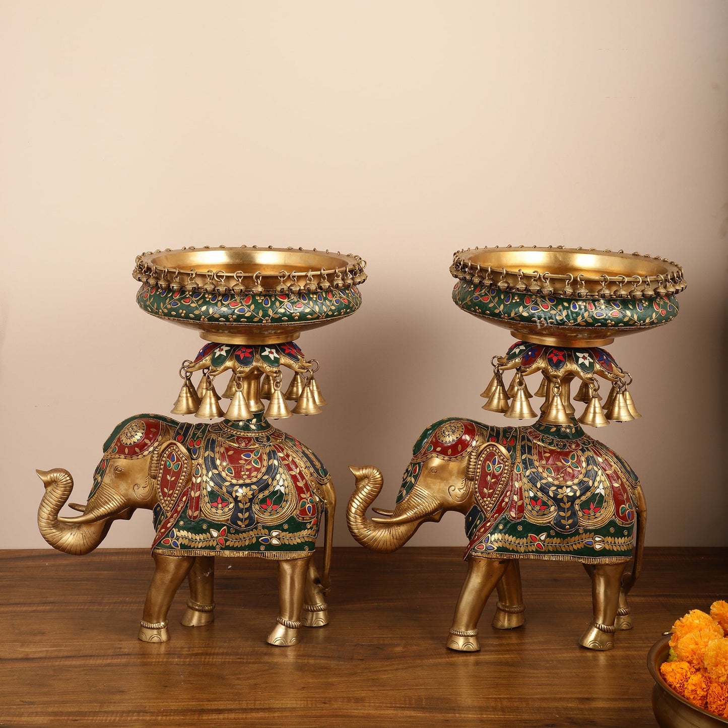 Brass elephant urli Large 21 inch pair - Budhshiv.com