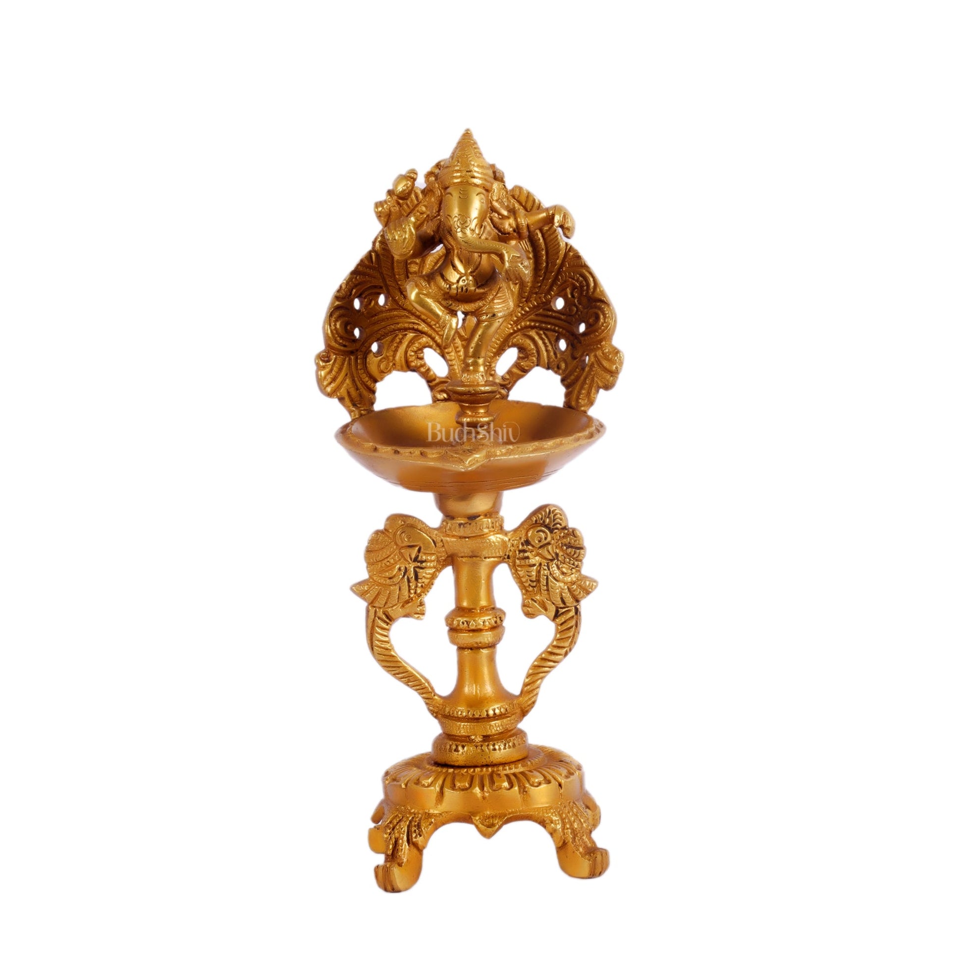 Brass engraved Dancing Ganesha diya with a stand peacock and floral design 9 inch - Budhshiv.com