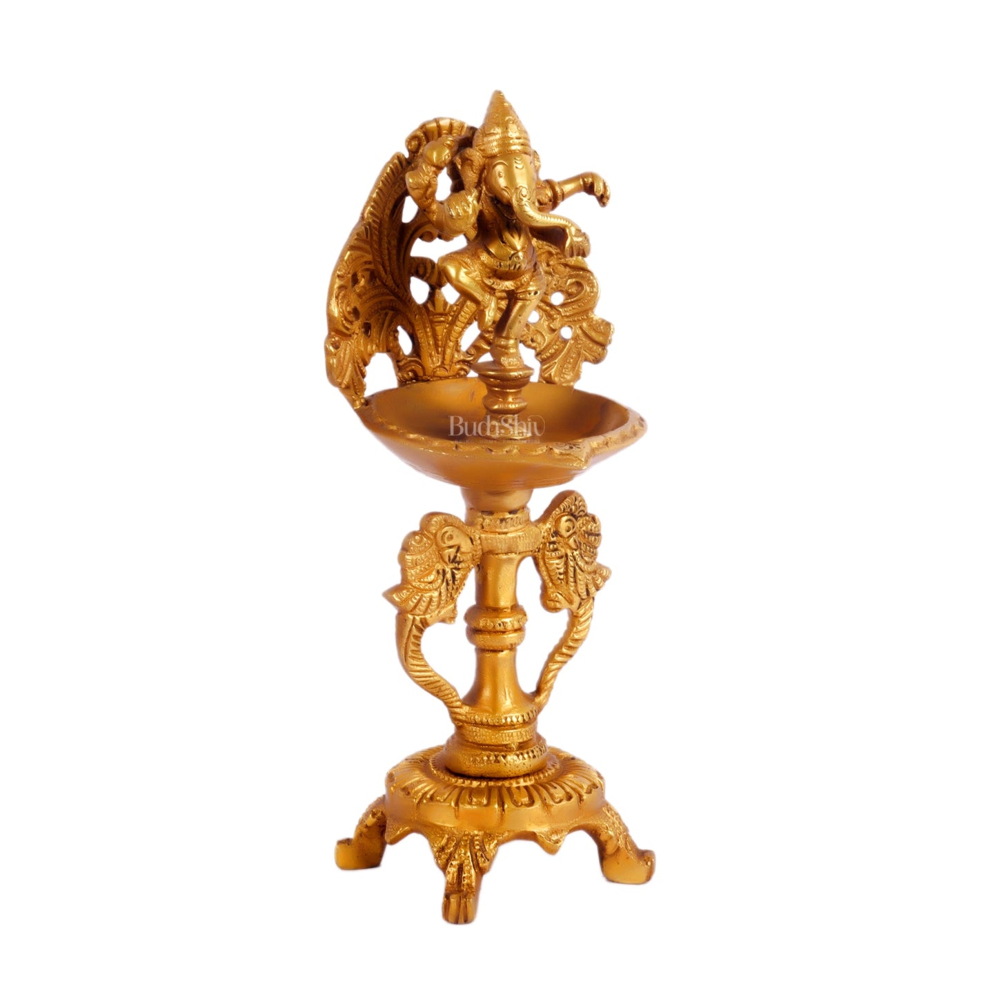 Brass engraved Dancing Ganesha diya with a stand peacock and floral design 9 inch - Budhshiv.com