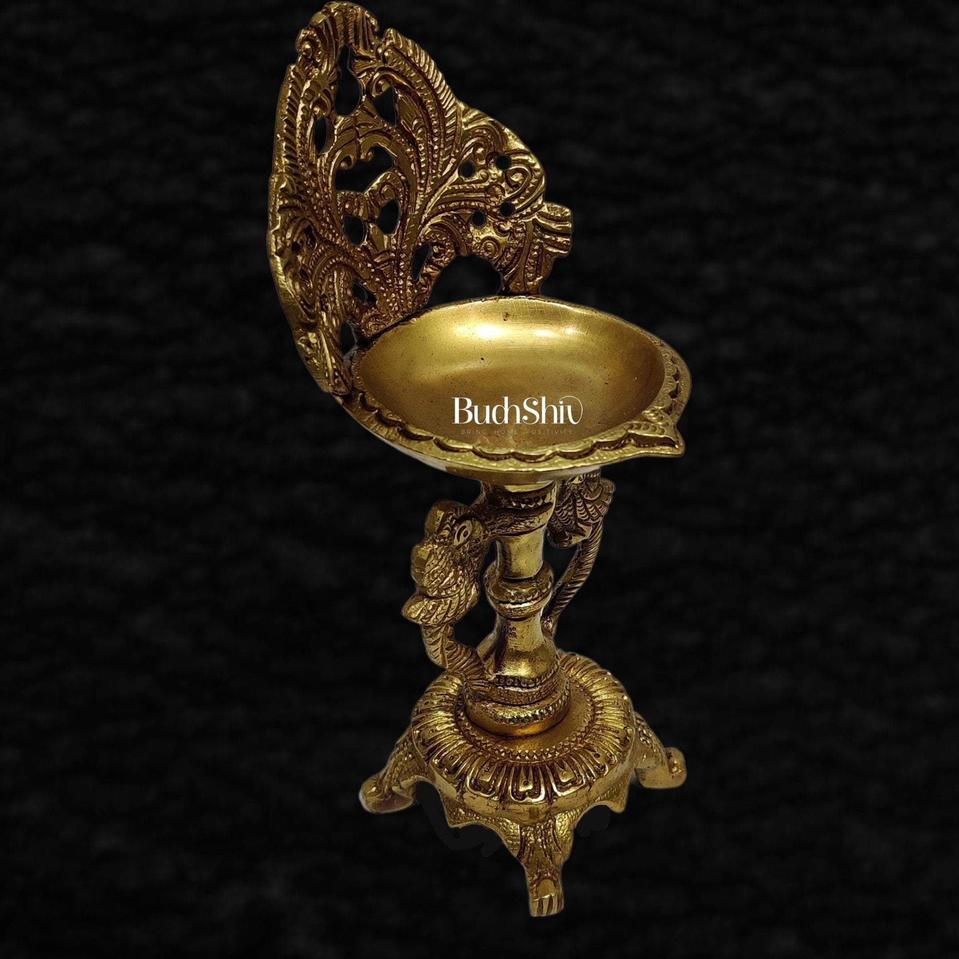 Brass engraved diya with a stand peacock and floral design 9 inch - Budhshiv.com