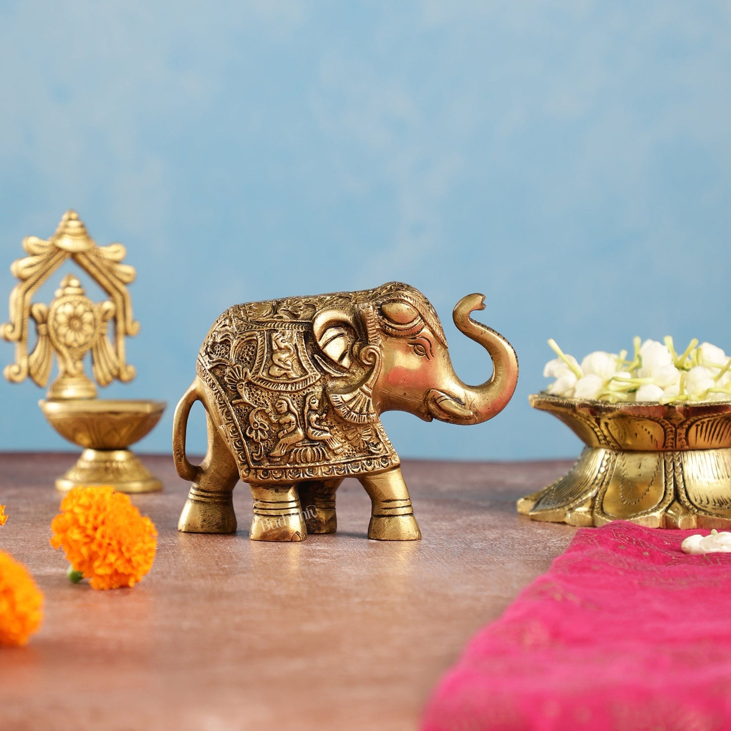 Brass Engraved Elephant Statue table accent 5" - Budhshiv.com