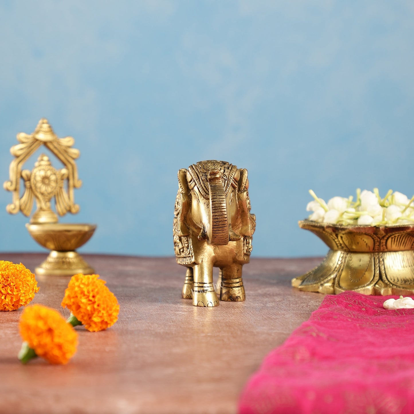 Brass Engraved Elephant Statue table accent 5" - Budhshiv.com