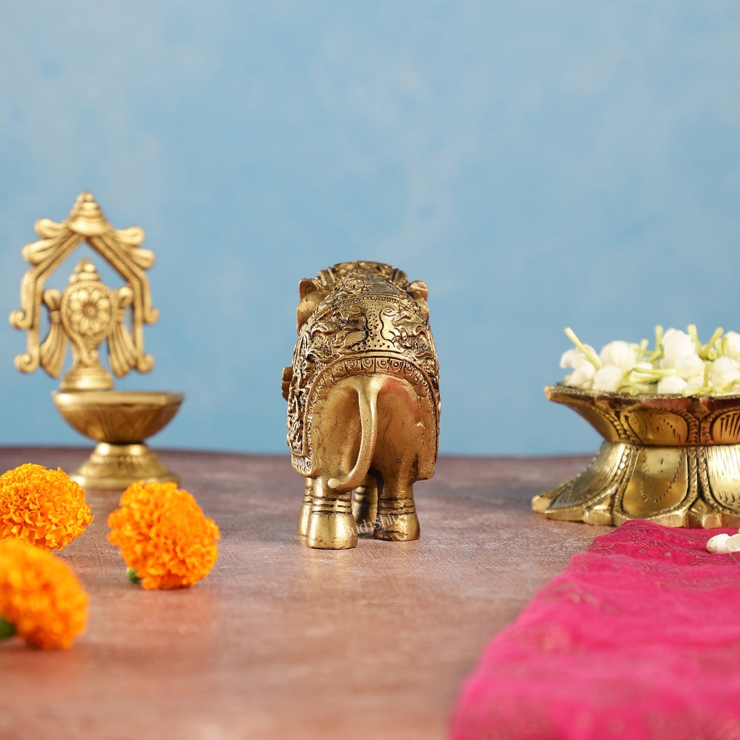 Brass Engraved Elephant Statue table accent 5" - Budhshiv.com