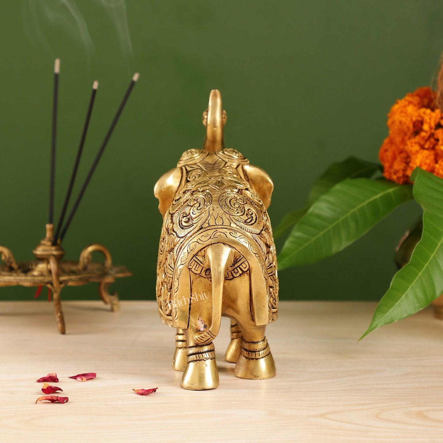 Brass Engraved Elephant Statue table accent 7" - Budhshiv.com