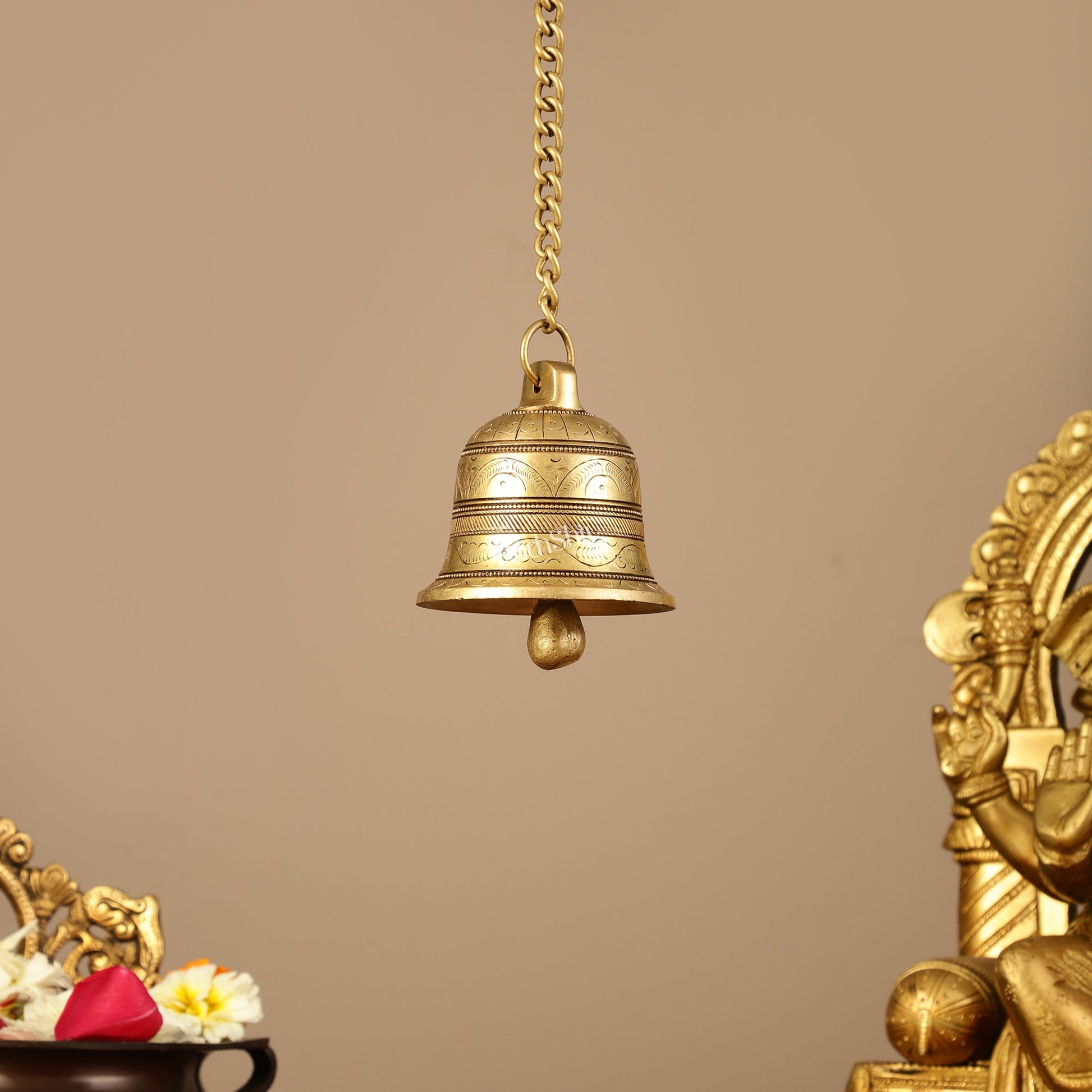 Brass Engraved hanging bell 3.5 inch diameter - Budhshiv.com