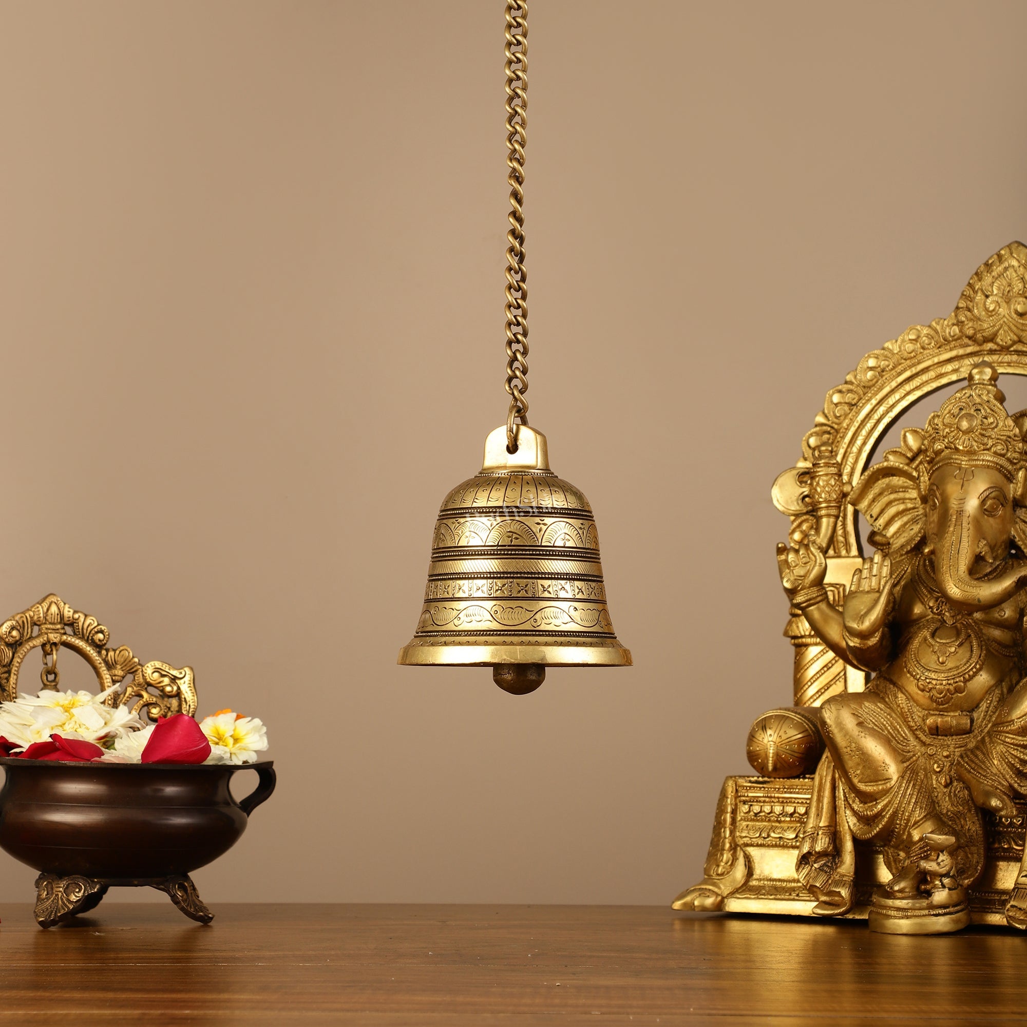 Buy Brass Engraved hanging bell 4.5 inch diameter - Budhshiv.com
