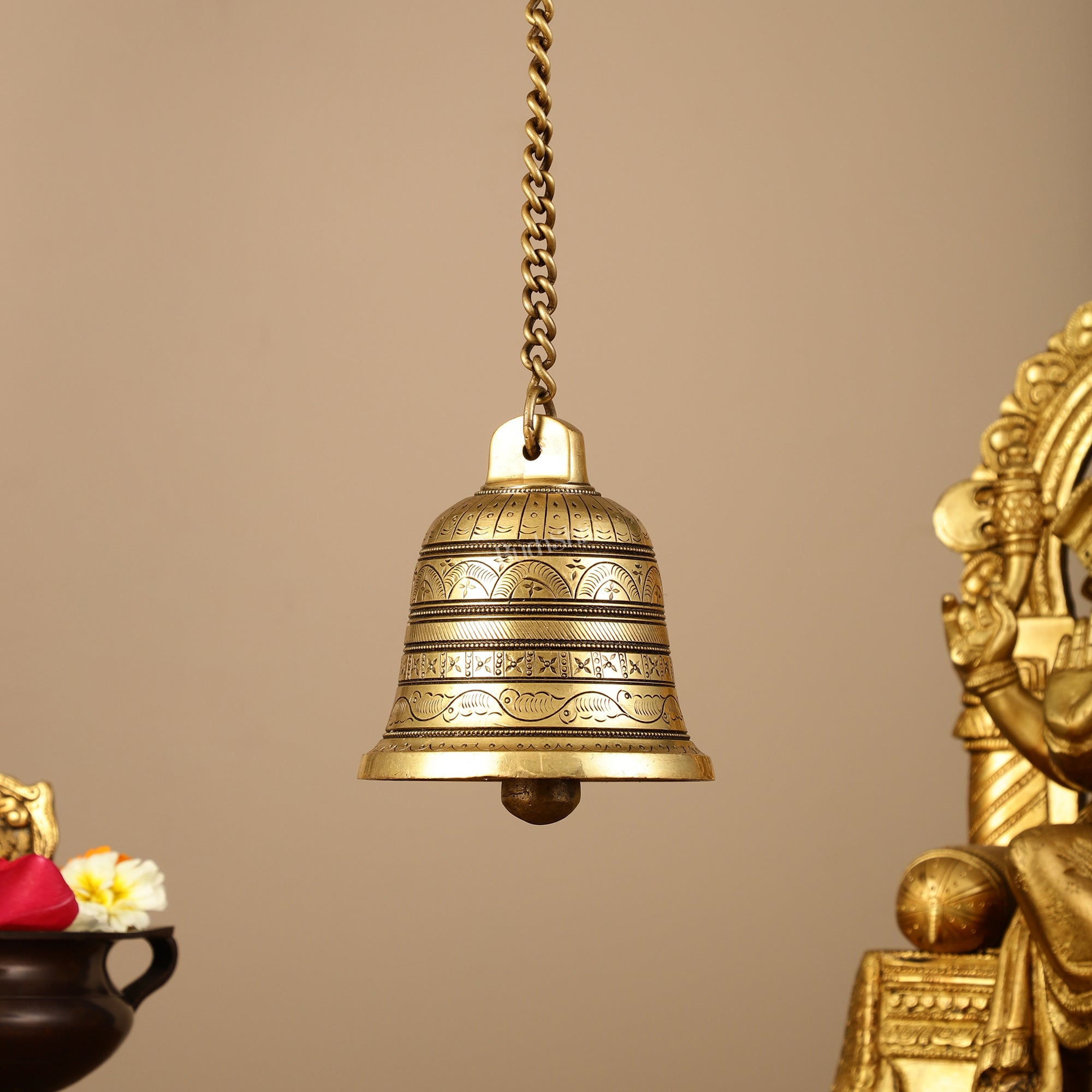 Buy Brass Engraved hanging bell 4.5 inch diameter - Budhshiv.com