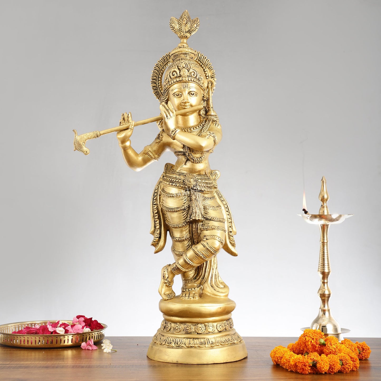 Brass Ever-smiling Krishna Playing Flute Statue | Height 28 Inch - Budhshiv.com